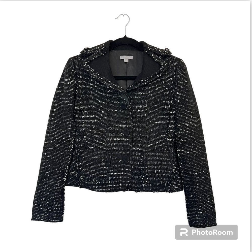 Ann Taylor Wool Blend Tweed Black Fringed Blazer Jacket Size 2 Petites